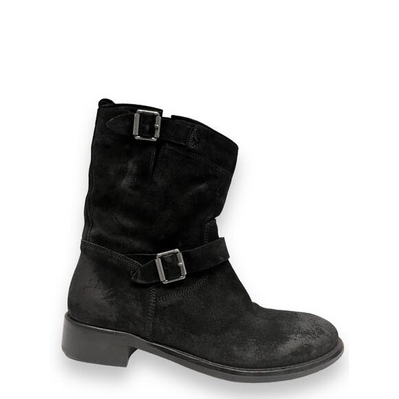 Belstaff Shoes - BELSTAFF Black Suede Bedford Buckle Accents Mid Calf Moto Booties Boots 36.5